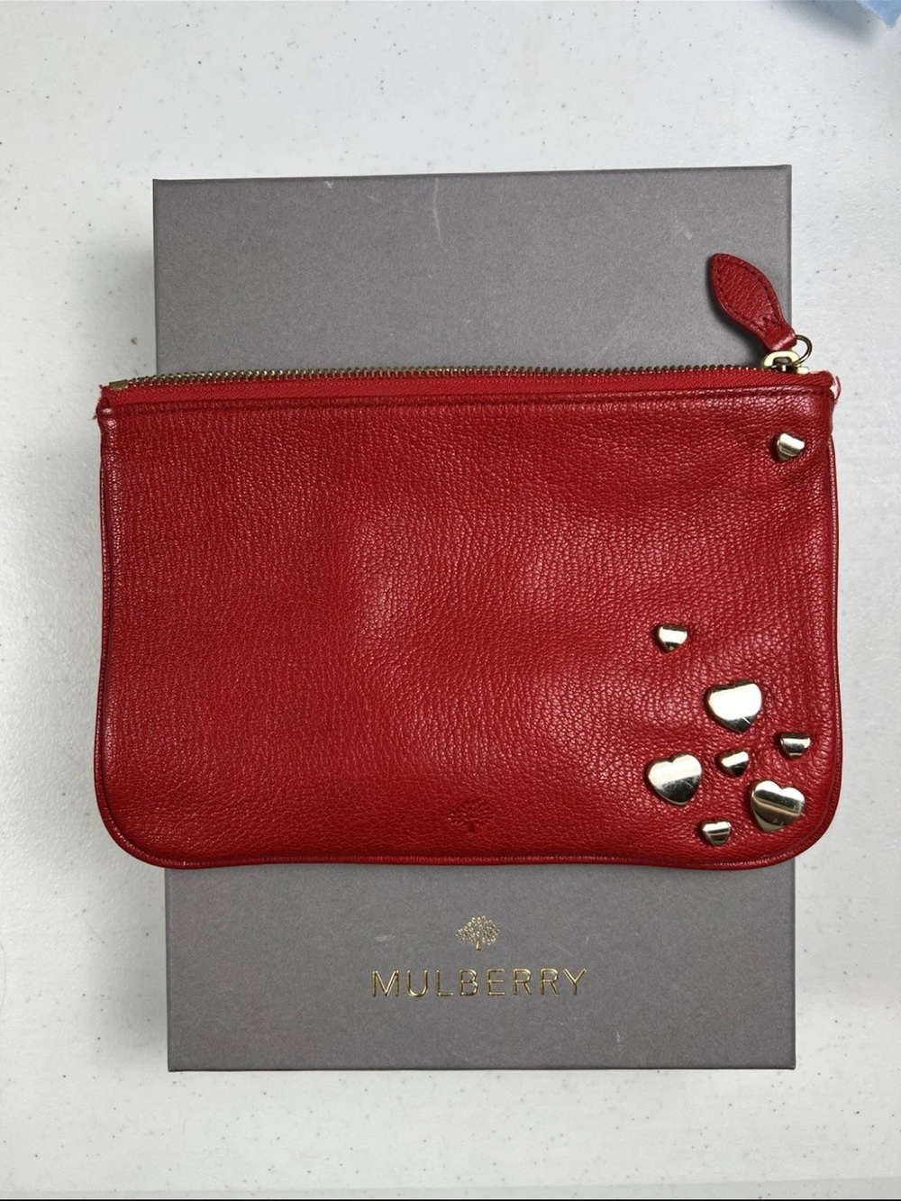 Mulberry Red Leather Zip Clutch with Gold Heart Studs